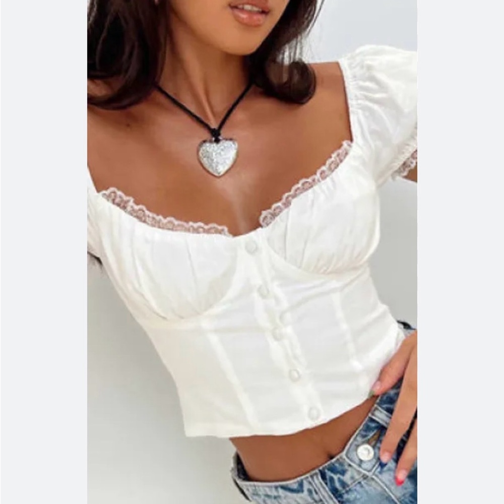 Oh Polly White Lace-Trim Puff Sleeve Corset Crop Top